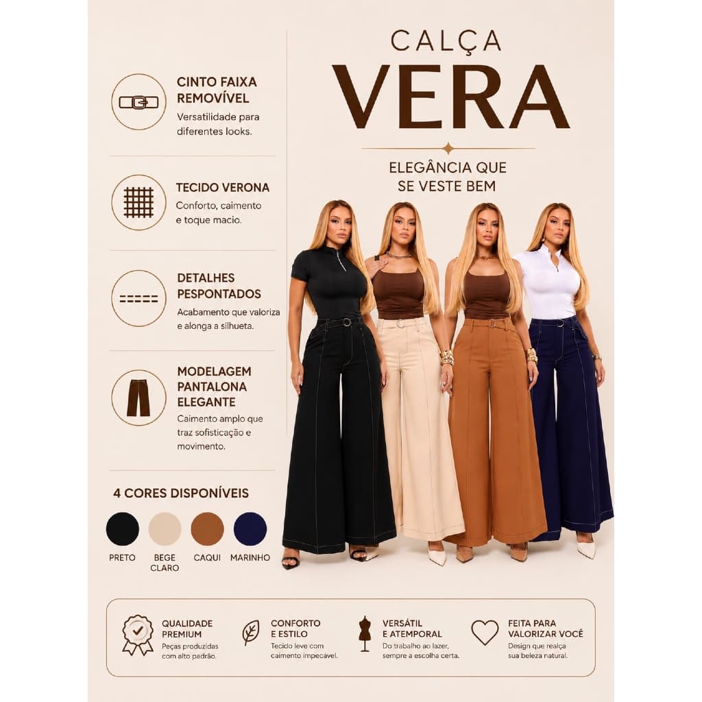 Calça Pantalona Moda Feminina Zero transparência Cintura Alta Bolso Faca Chique Elegante Tendência