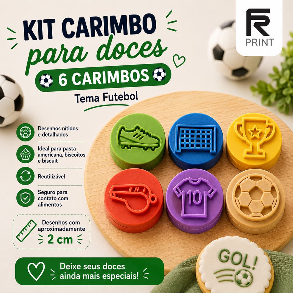 Kit Carimbo para Doces Futebol 6 Modelos | Pasta Americana, Biscoitos e Biscuit | Envio Imediato