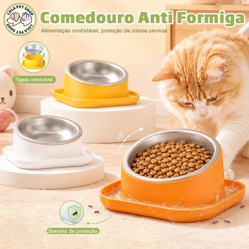 Comedouro elevado inclinado 15° anti-formiga para cães e gatos, tigela inox removível 450 ml