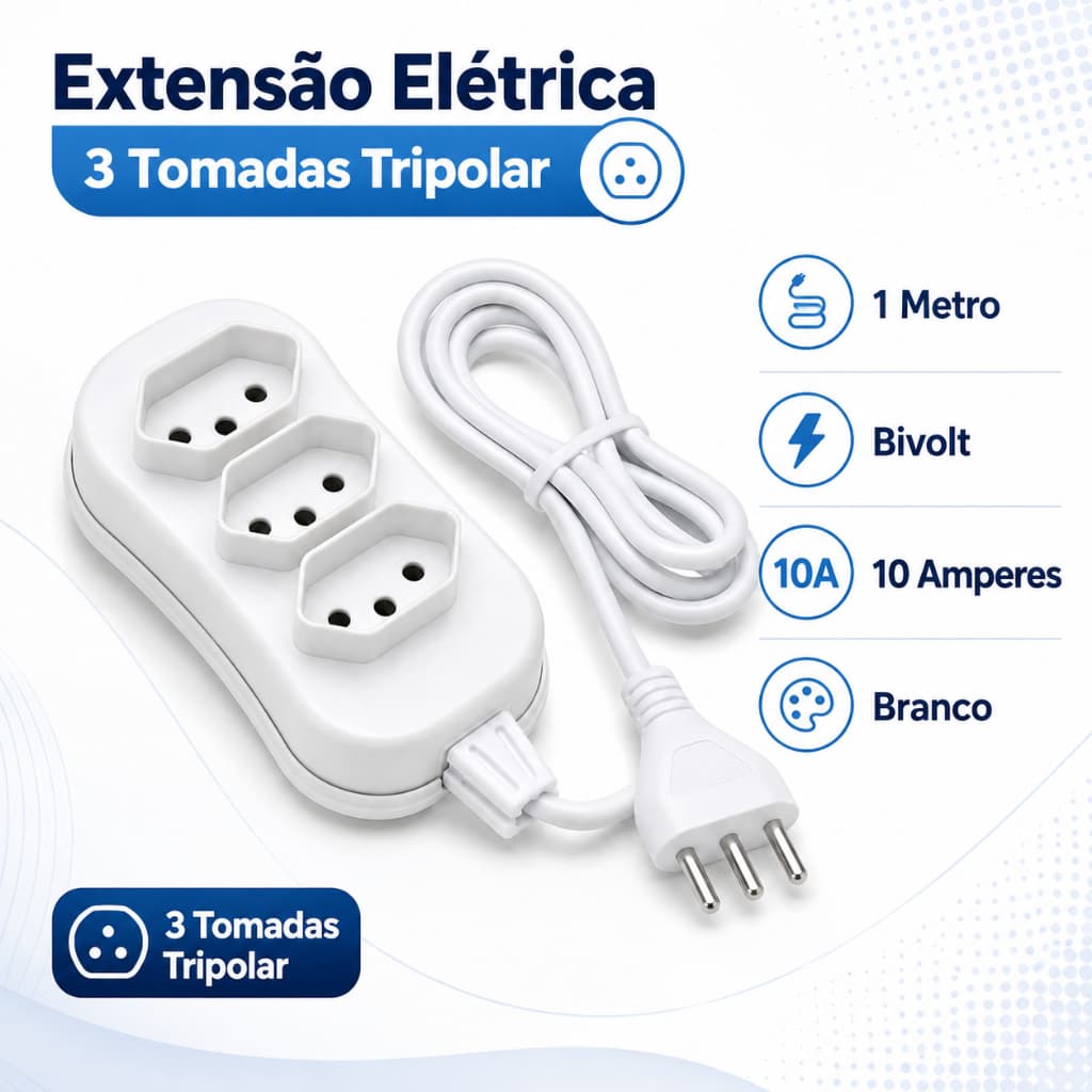 Extensão de energia 3 Tomadas Tripolar Bivolt Slim 1 Metro Branco Casa e Escritório 10 Amperes Force Line
