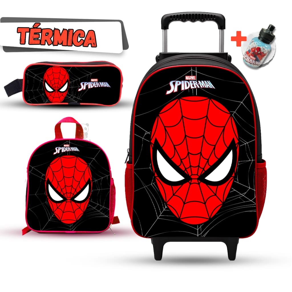 Mochila Escolar de Rodinha + Lancheira Térmica e estojo Homem Aranha