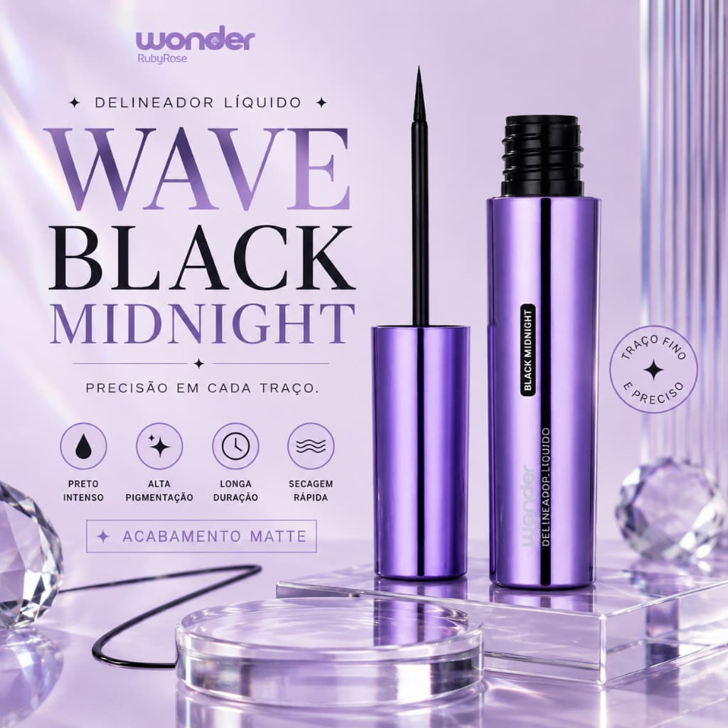 Delineador Líquido Wave Black Midnight Wonder Ruby Rose Preto Matte