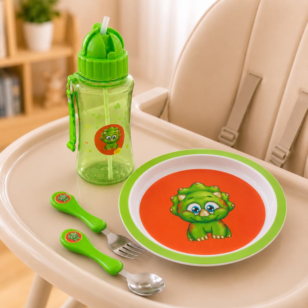 Kit Refeição Infantil em Melamina com Prato Garrafinha com Canudo Colher Garfo
