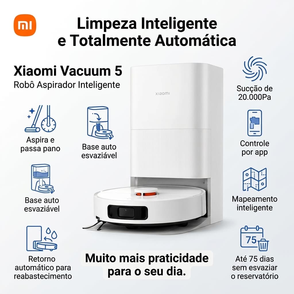 Robo Aspirador Xiaomi Vacuum 5 20.000 Pa com base auto limpante e auto esvaziavel