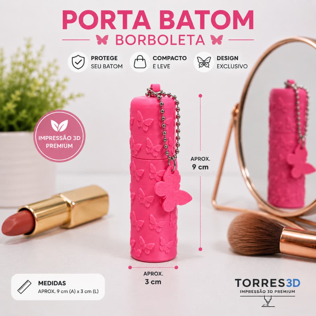 Porta Batom Borboleta com Chaveiro e Pingente - Protetor para Bolsa Feminina 3D
