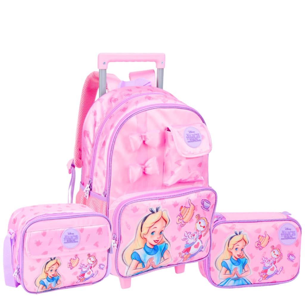 Kit Mochila Infantil Alice Rodinhas Lancheira Estojo Escolar Completo Rosa Menina Disney White Rabbit Personagem Loira