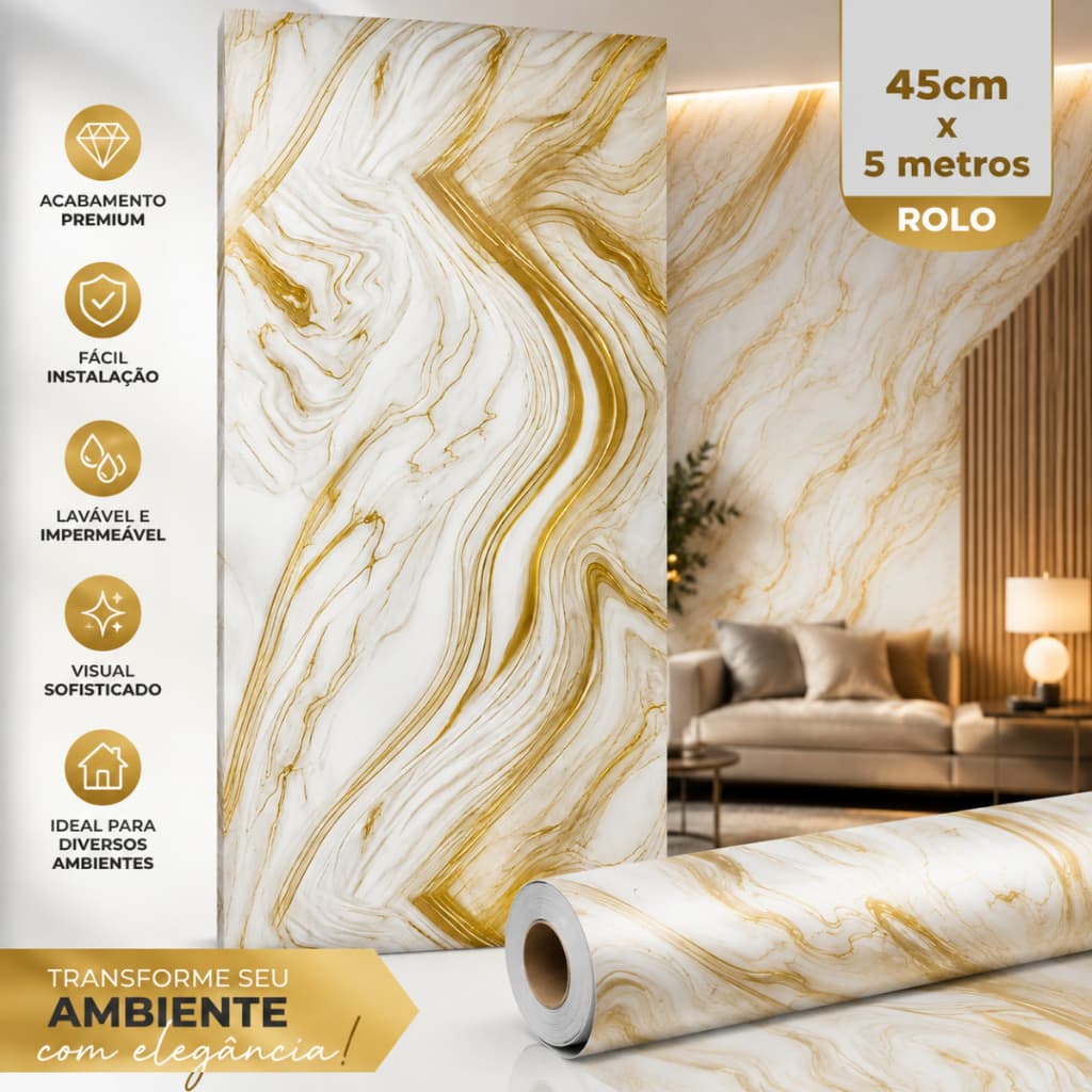 Papel De Parede Adesivo Autocolante Marmorizado Decoração Premium Mármore Dourado