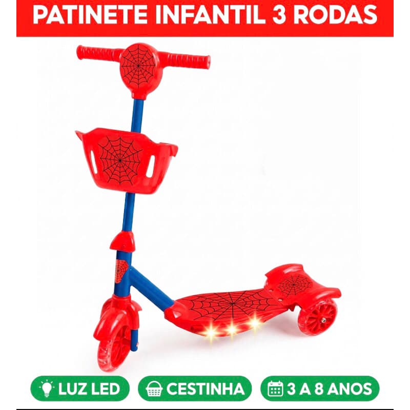 Patinete Infantil 3 Rodas Led Homem Aranha Vermelho Com Luz Menino 3 a 8 Anos