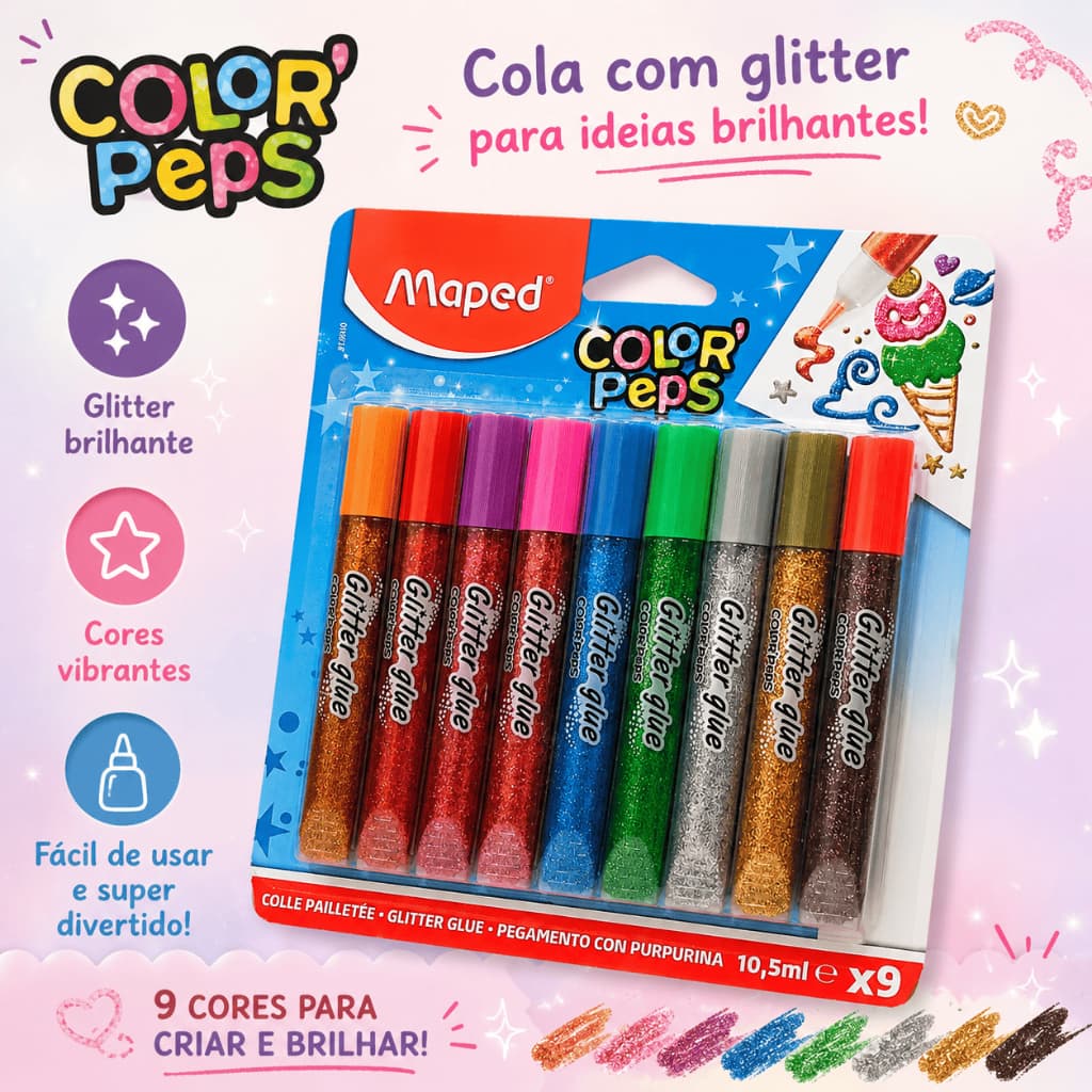 Kit Cola Glitter Maped Color'Peps 9 Cores | 10,5ml Cada