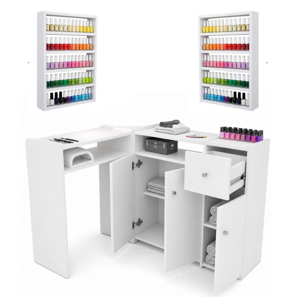 Mesa Manicure Em L Com Gaveta Em Corrediça E Portas Grande Completa + 2 Esmalteiras Médias Designer