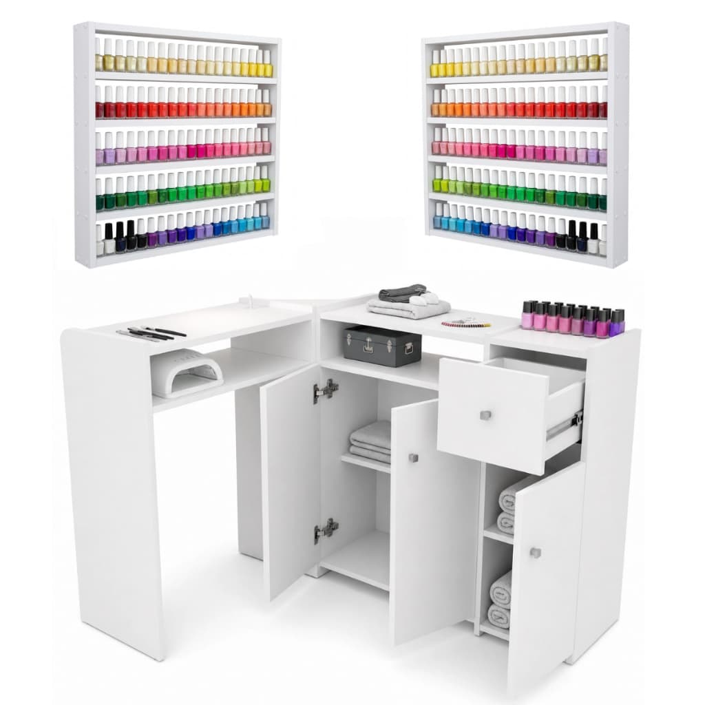 Mesa Manicure Em L Com Portas E Gaveta Em Corrediça Grande Completa + 2 Esmalteiras Multiuso Kit