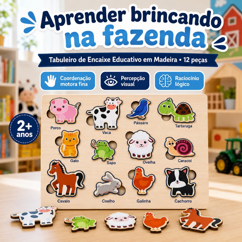 Quebra Cabeça Infantil Animais Encaixe Madeira Educativo Pedagógico 12 Peças Montessori
