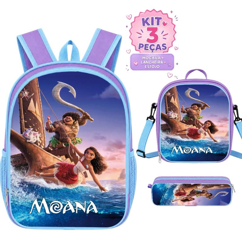 Kit Mochila Infantil Feminina Moana + Lancheira Termica + Estojo Completp