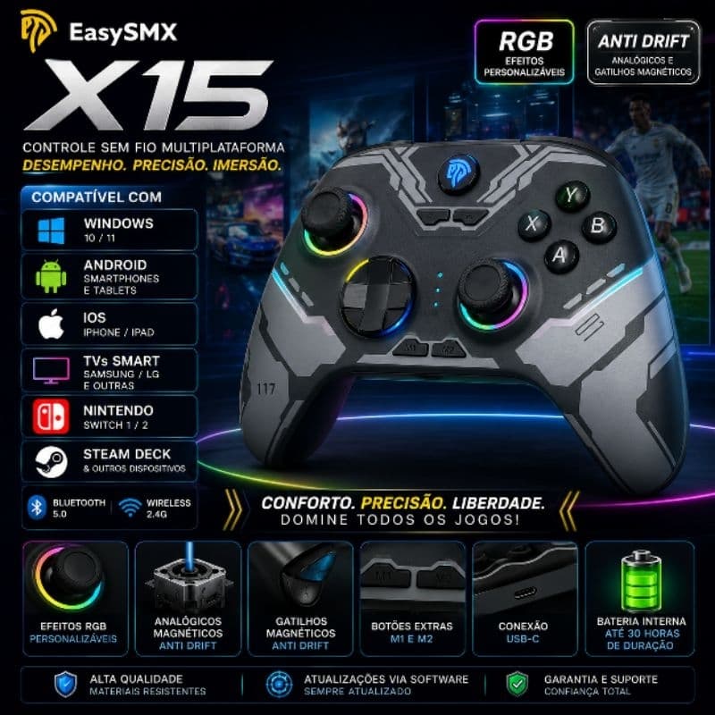 EasySMX X15 RGB, bluetooth e wireless, anti drift, bateria de longa duração, dongle Wireless incluso.