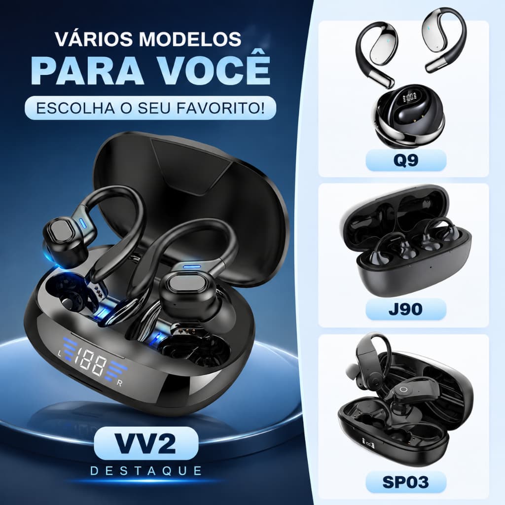 Fone Bluetooth Sem Fio VV2/ Q9/ J90/ SP03/ S168 | Auricular Esportivo com Som Estéreo e Conforto Prolongado