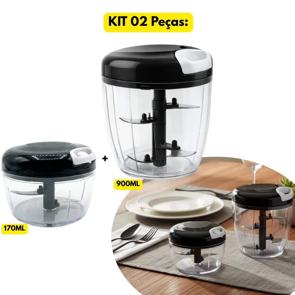Jogo Kit 02 Peças Processador Fatiador Semiautomático 01 900ML + 01 170ML Fatiar Triturar Tempero