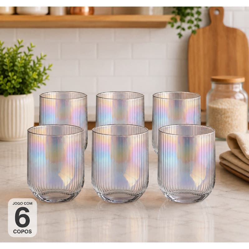 JOGO 6 COPOS VIDRO CANELADO FURTA-COR RAINBOW 260ML