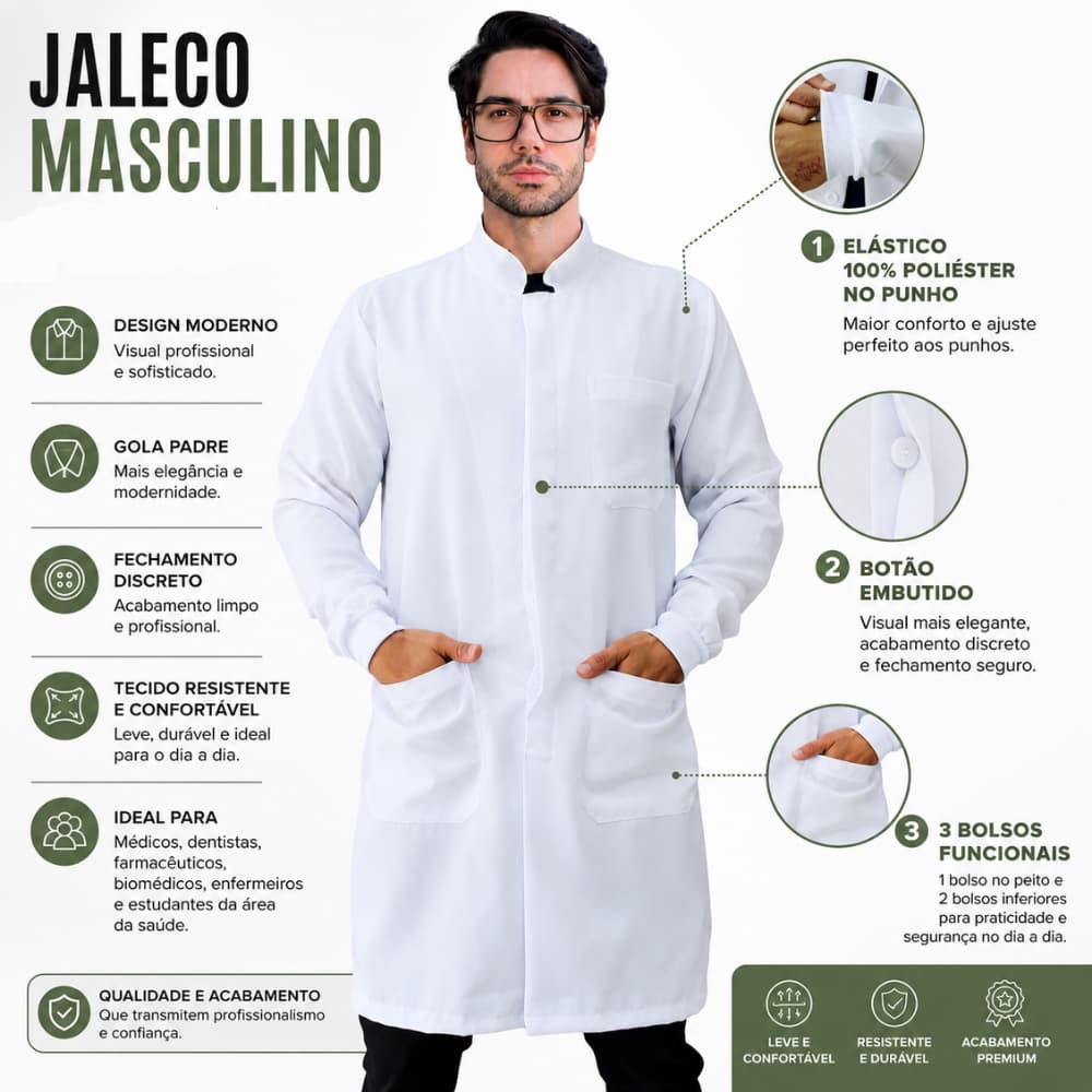 Jaleco Avental Masculino Gola Padre Manga longa Botão Embutido Enfermagem Laboratório Com Punho