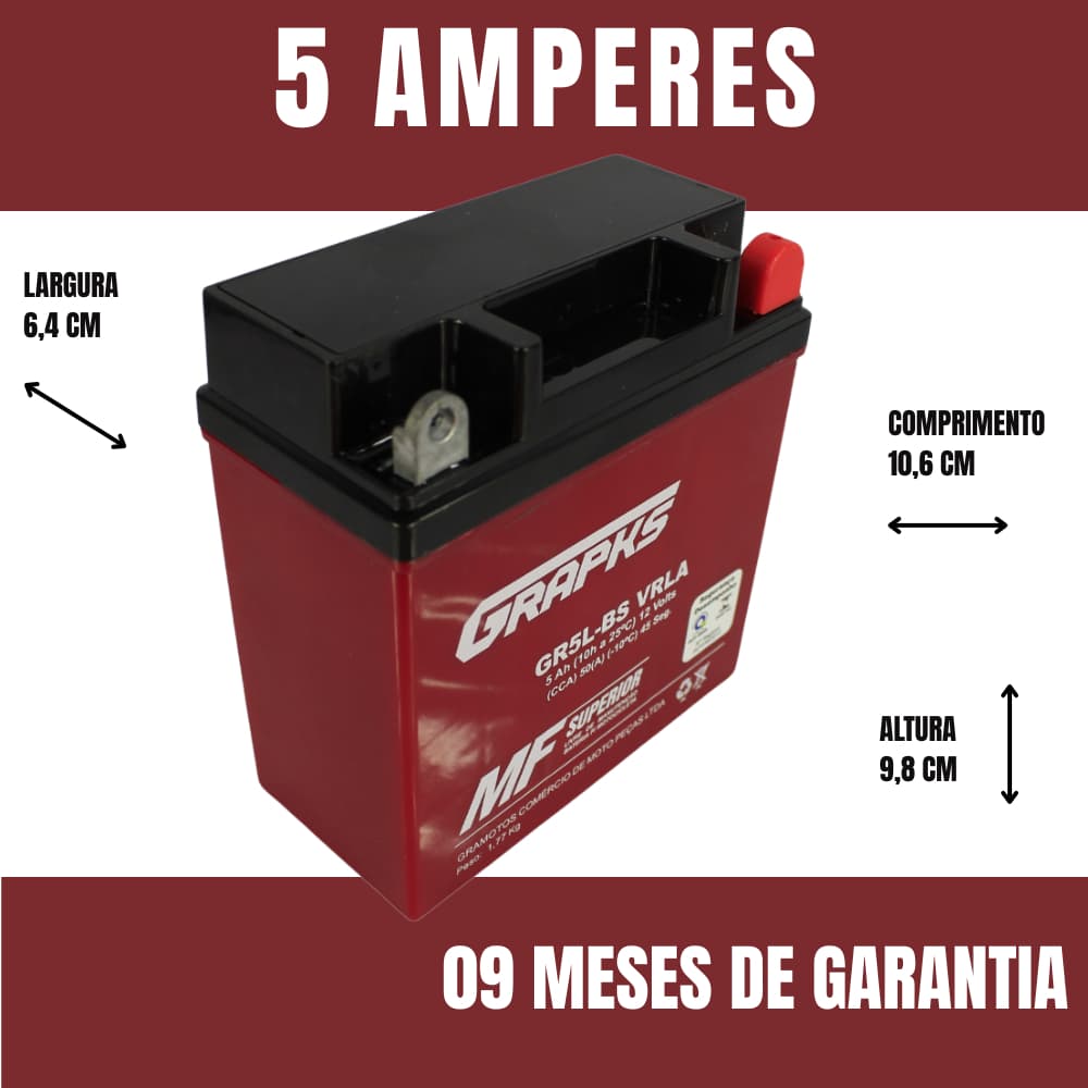 Bateria Moto YBR Factor XTZ Crypton 5 amperes Selada Grapks