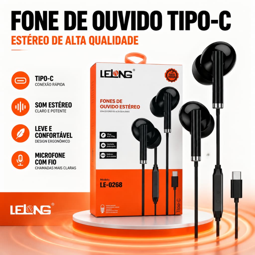 Fone Tipo-C ELETRO-LE-0268 | Preto | Com Fio e Microfone | Para Celular