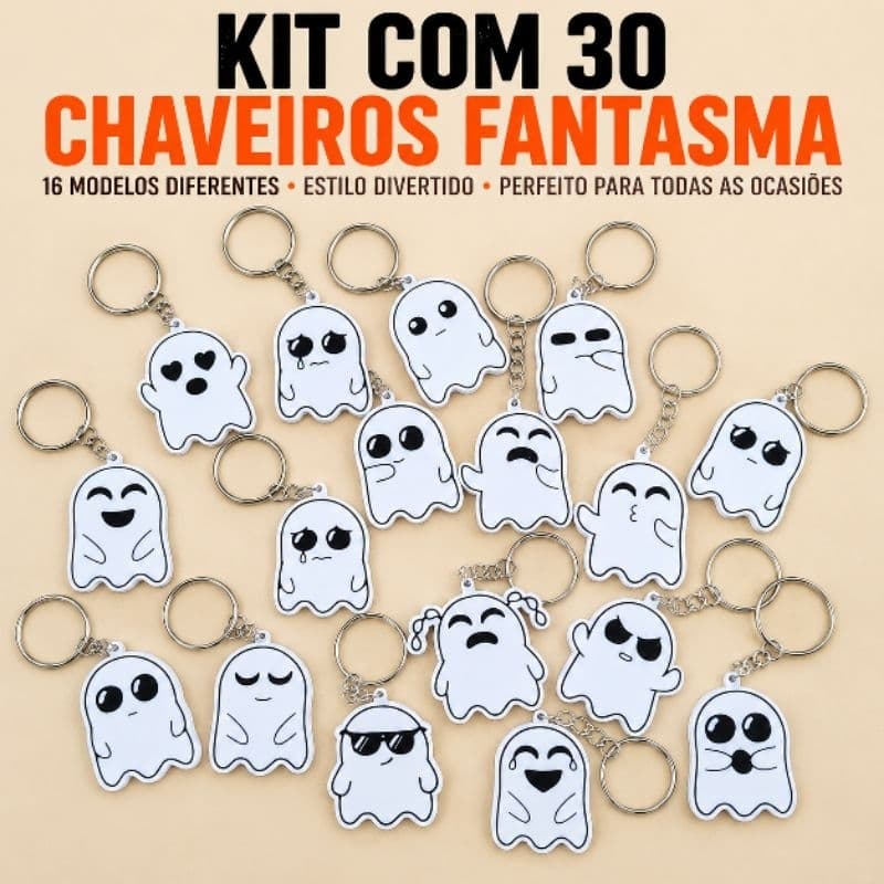 Kit 30 Chaveiros Fantasma Halloween Kawaii 16 Modelos Sortidos para Mochila e Chaves