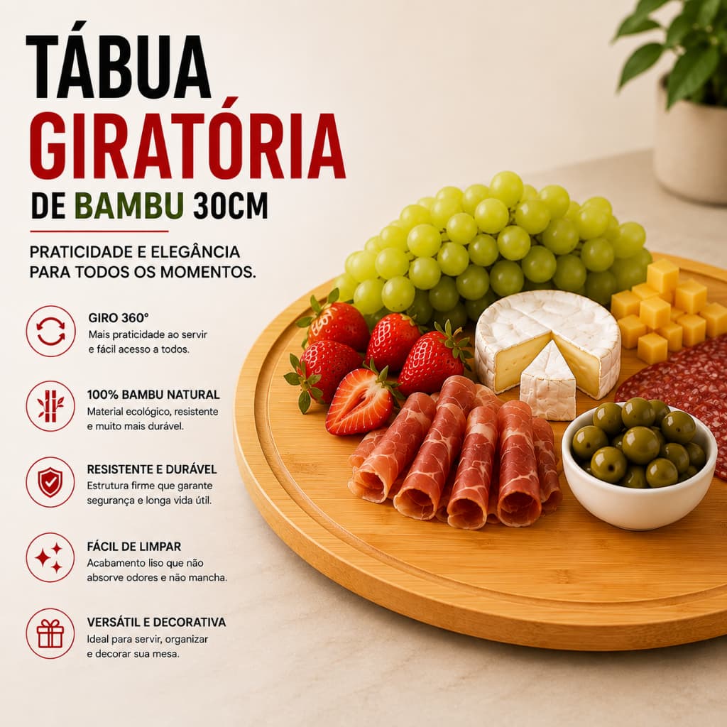 Lyor Tábua De Frios Giratória 30cm Bambu Petisqueira Mesa Posta Queijos Café Da Manhã Bandeja