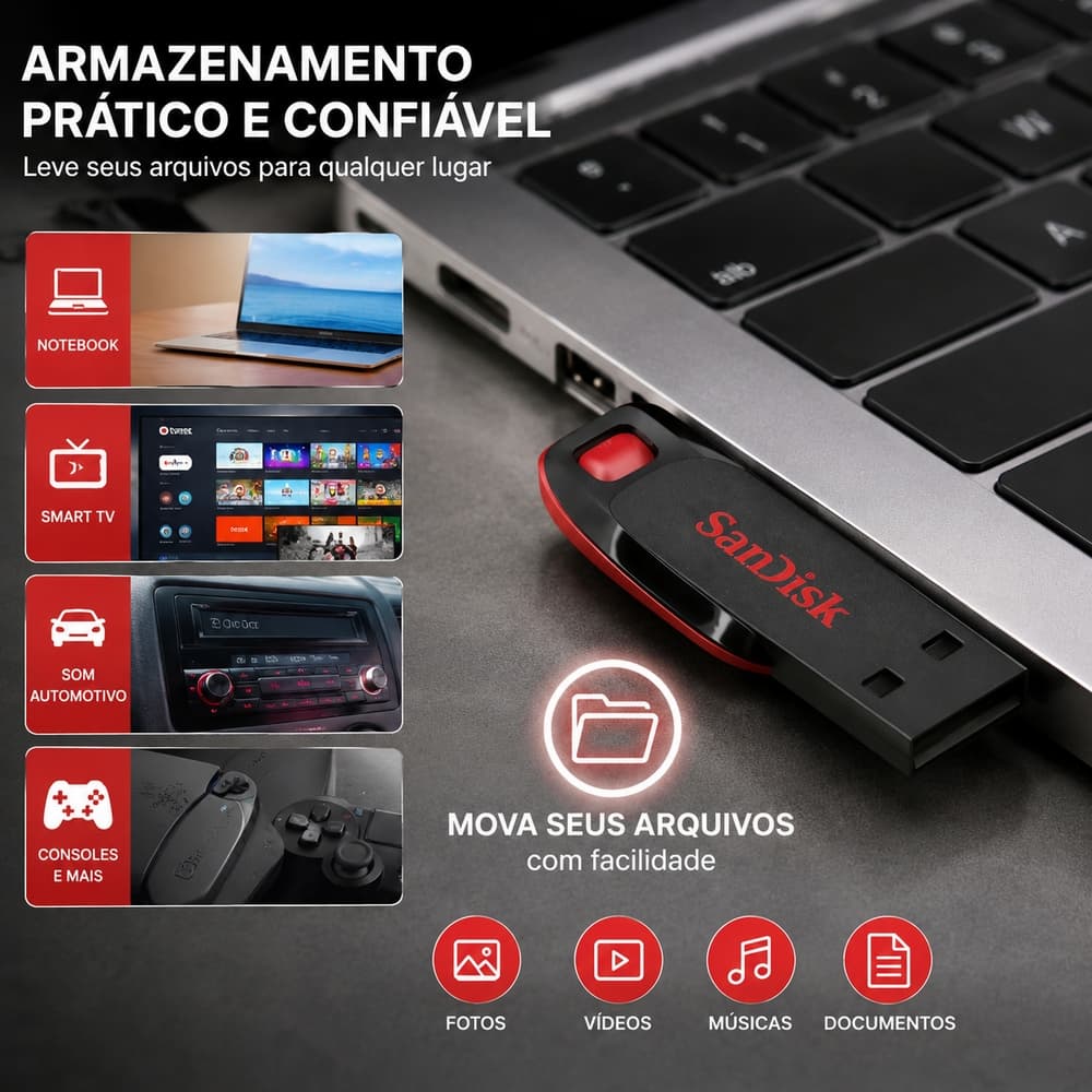 Pen Drive SD Cruzer Blade 128GB USB Flash Drive Compacto para Arquivos Fotos Vídeos