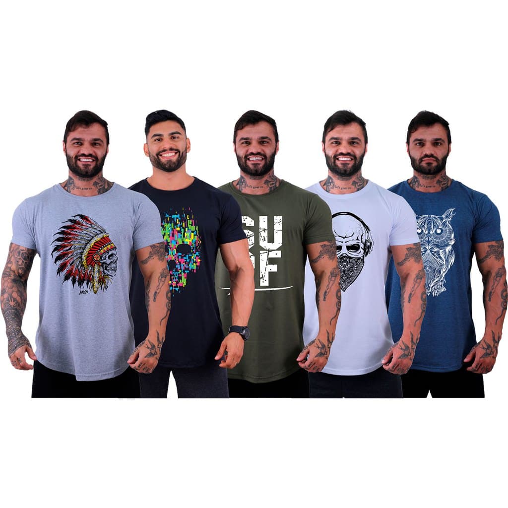 Kit 5 Camisetas Longline Masculina MXD Conceito Fio 30.1 Penteado Estampado Manga Curta Combo Caveira