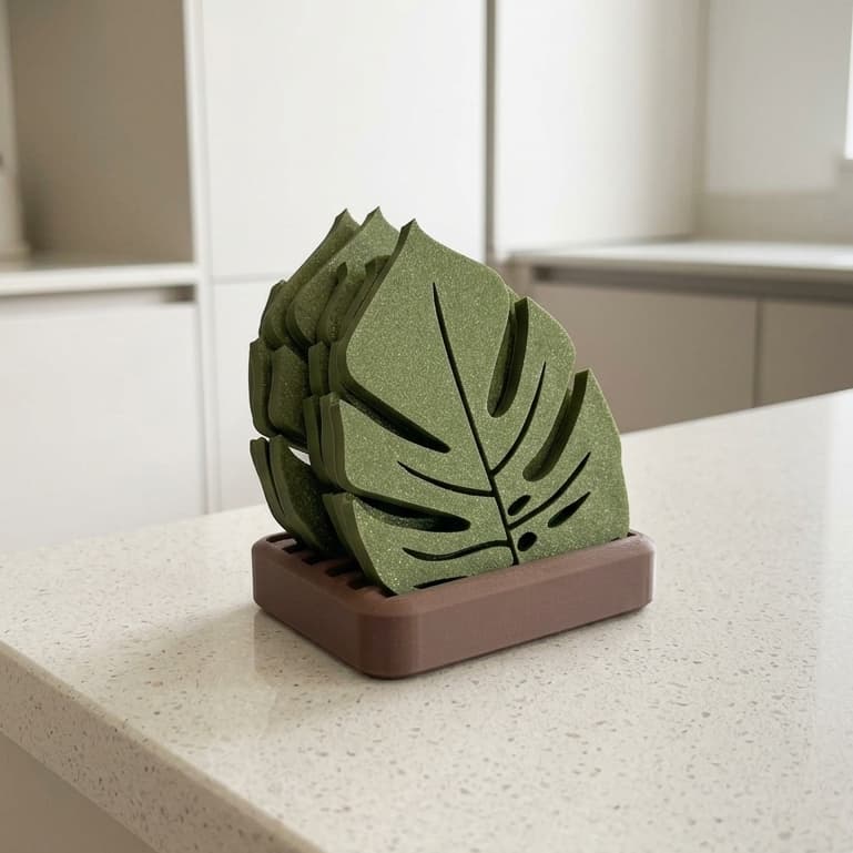 Conjunto Porta Copos Folha Monstera 7 Peças com Suporte Porta Copos Decorativo Mesa Cozinha Presente Criativo