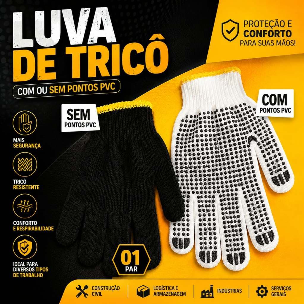 Luva Pigmentada Antiderrapante de Segurança Malha Tricotada Branca ou Preta sem Pigmento