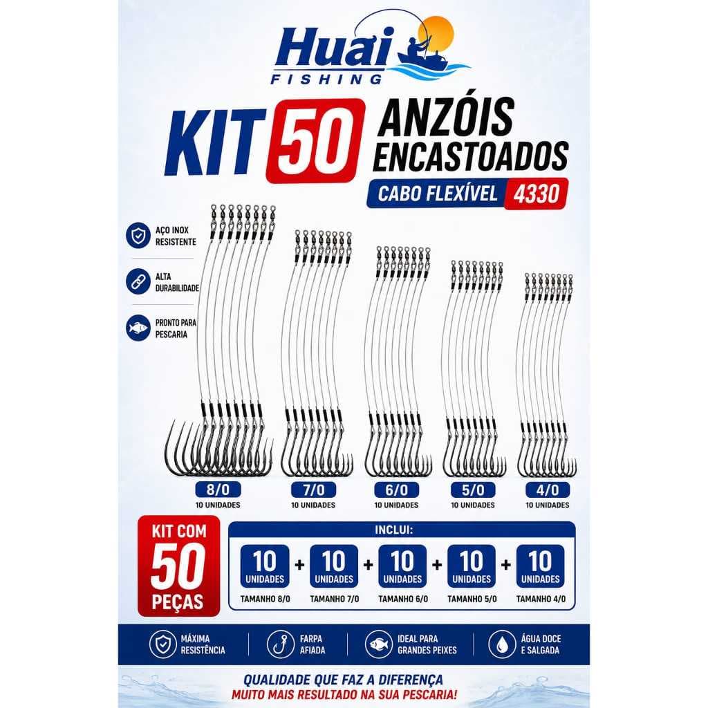ANZOL ENCASTOADO CABO FLEXIVEL 4330 kit  50 UNIDADES 4/5/6/7/8 -10 CADA TAMANHO  (PromoçãO)