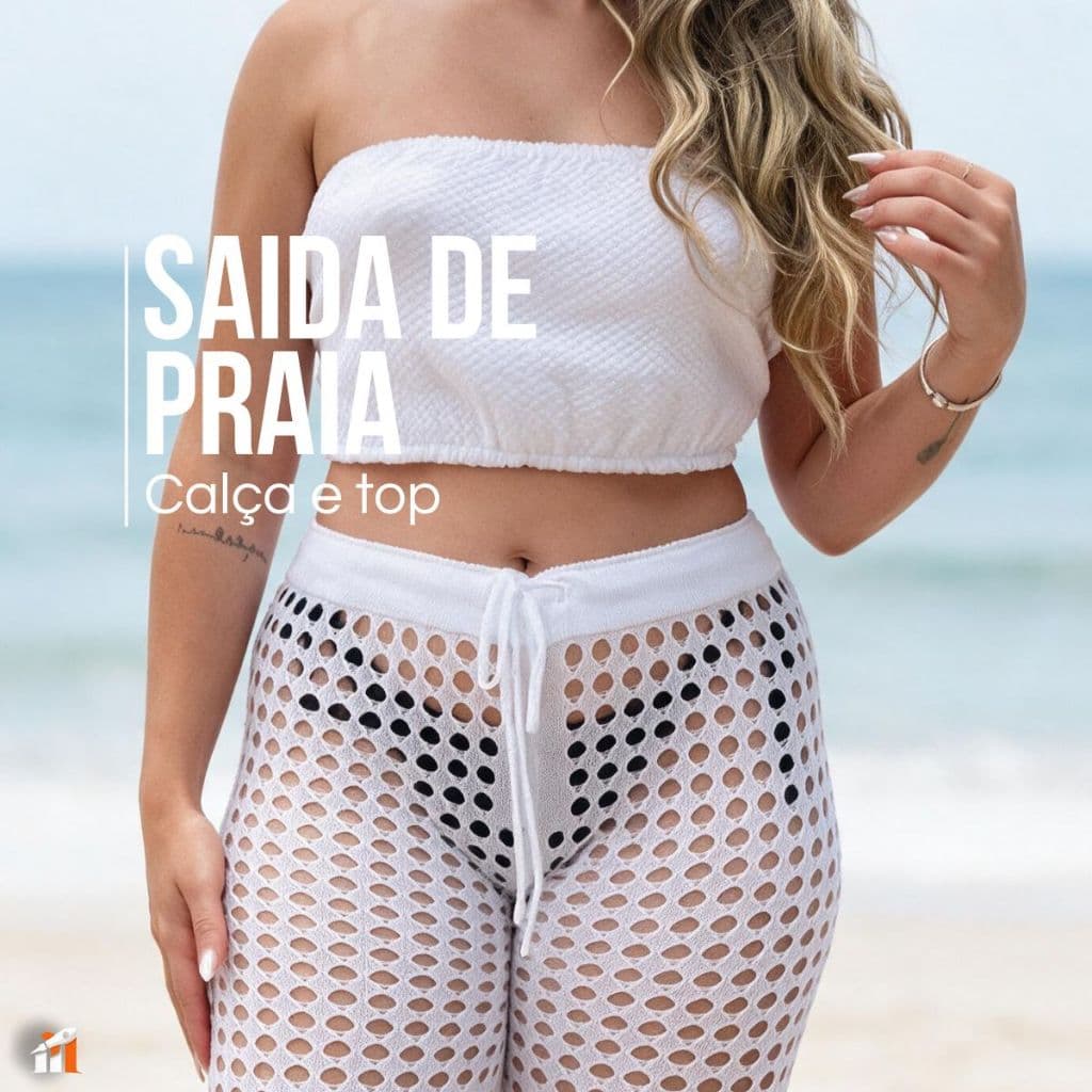 Saída de Praia Feminina Top e Calça Tricot Cordão Ajustável Verão Conjunto Tricô