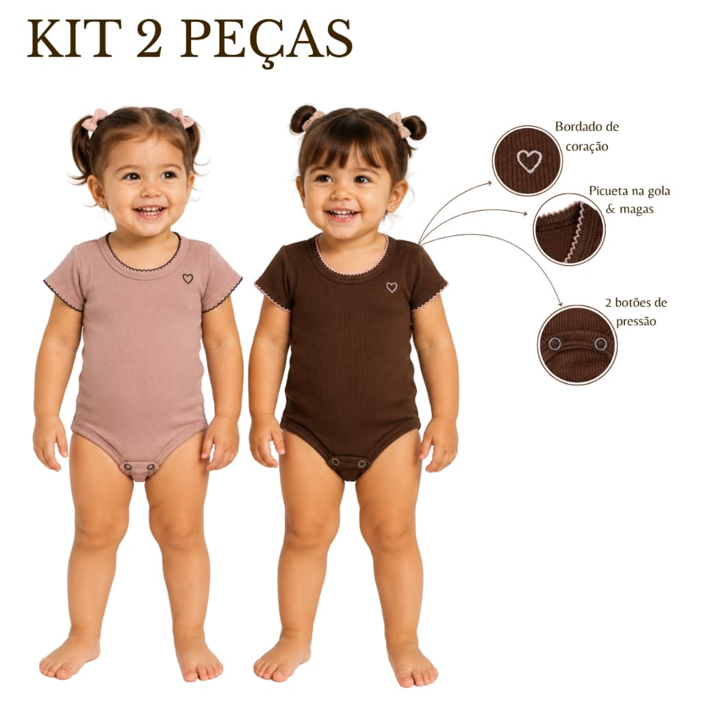 Kit 2 Peças Body Bebê Menina Manga Curta Picueta Bordado Coração Ribana Canelada Enxoval