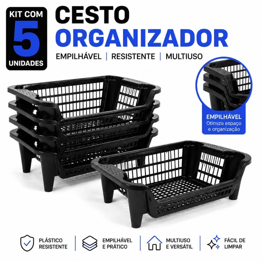 Kit 5 Cestos Organizadores Empilháveis 16L Preto Multiuso Casa Cozinha Lavanderia Closet Estoque