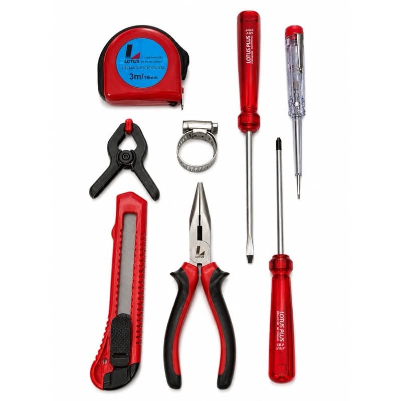 Kit de Ferramentas Lotus 9 Peças com Alicate Trena Estilete e Chaves