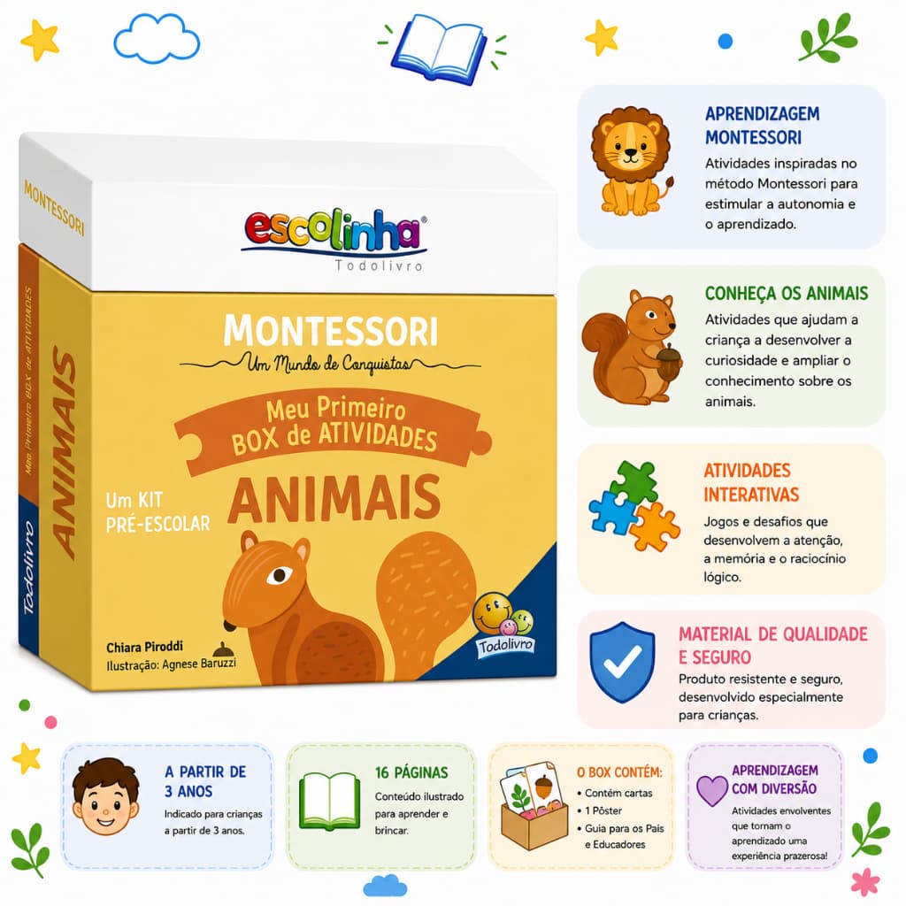 Box Montessori Meu Primeiro Box de Atividades Animais | Método Montessori | Todolivro | 13 Cartões + Pôster | 3+ Anos