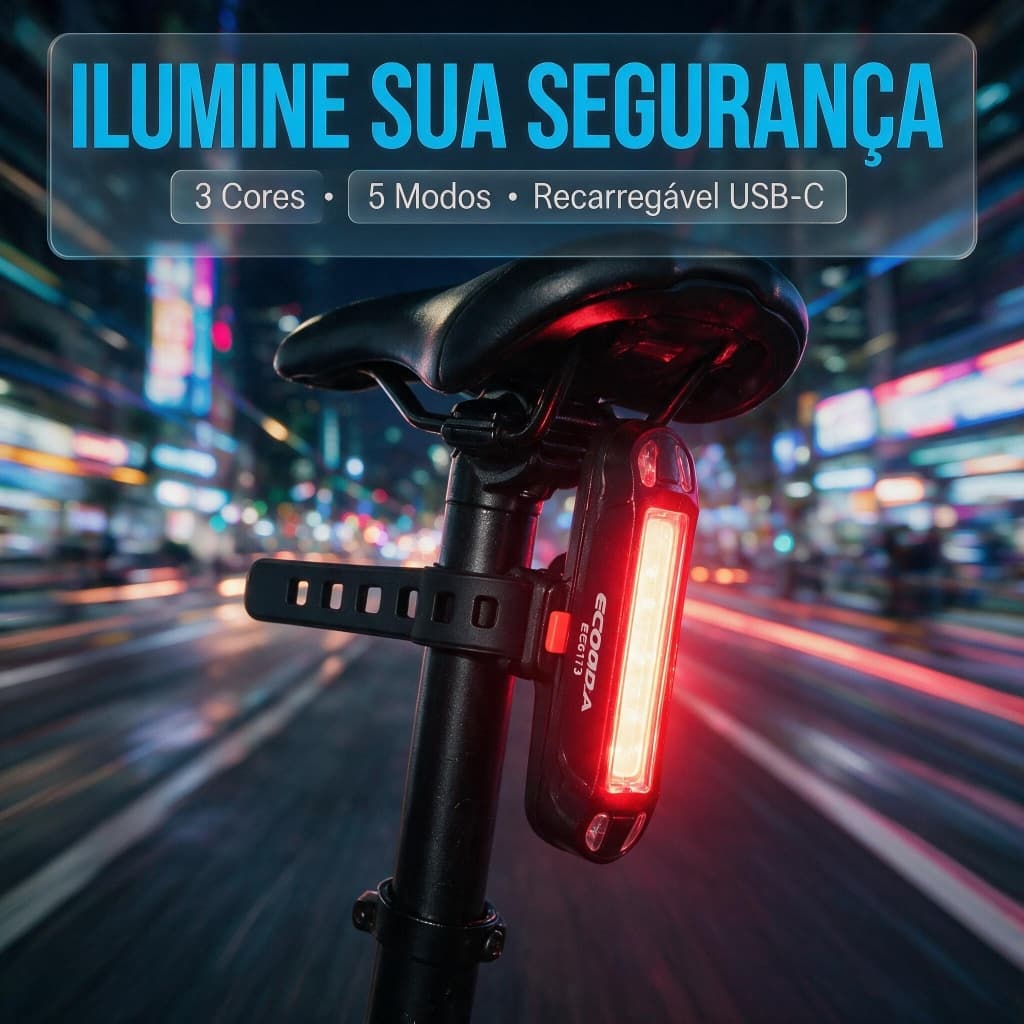 Sinalizador Traseiro para Bicicleta Ecooda EC6173 100 Lúmens Recarregável USB 3 Cores 5 Modos