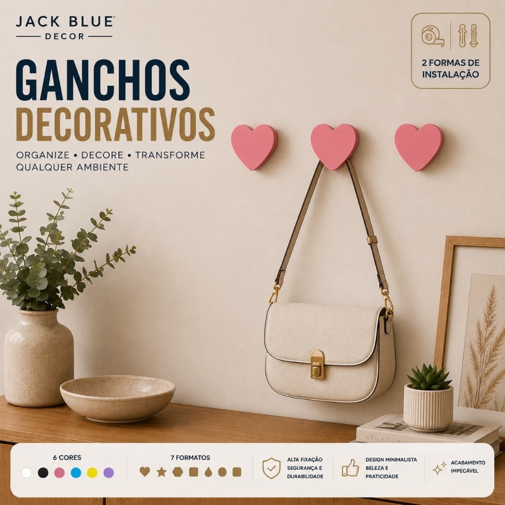 Kit Ganchos Parede Coração Fita Dupla 3M ou Parafuso Suporte Cabideiro Multiuso Bolsa Toalha Mochila Casacos Decorativos