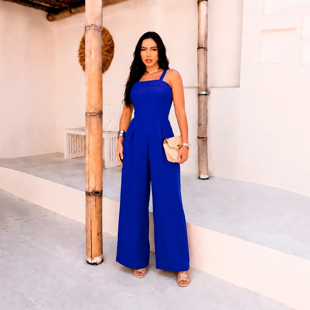Macacão Pantalona Feminino Elegante Alça Grossa e Lastex nas Costas para Festa e Casual