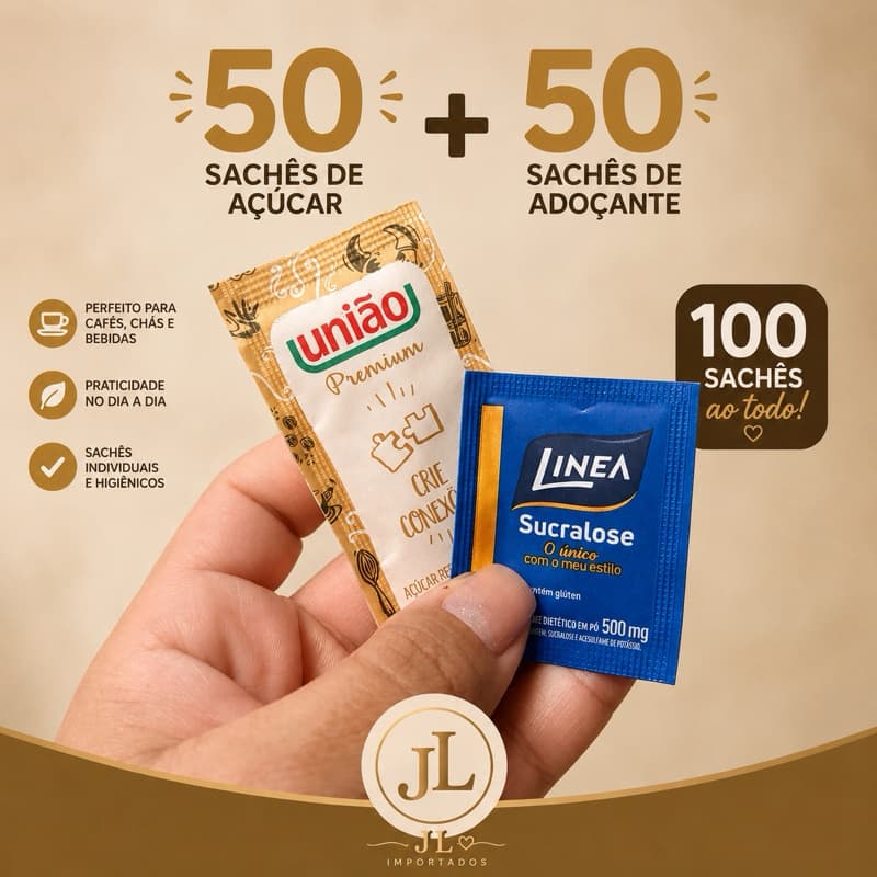 Kit 100 Sachês: 50 Açúcar União Premium 5g + 50 Linea Sucralose