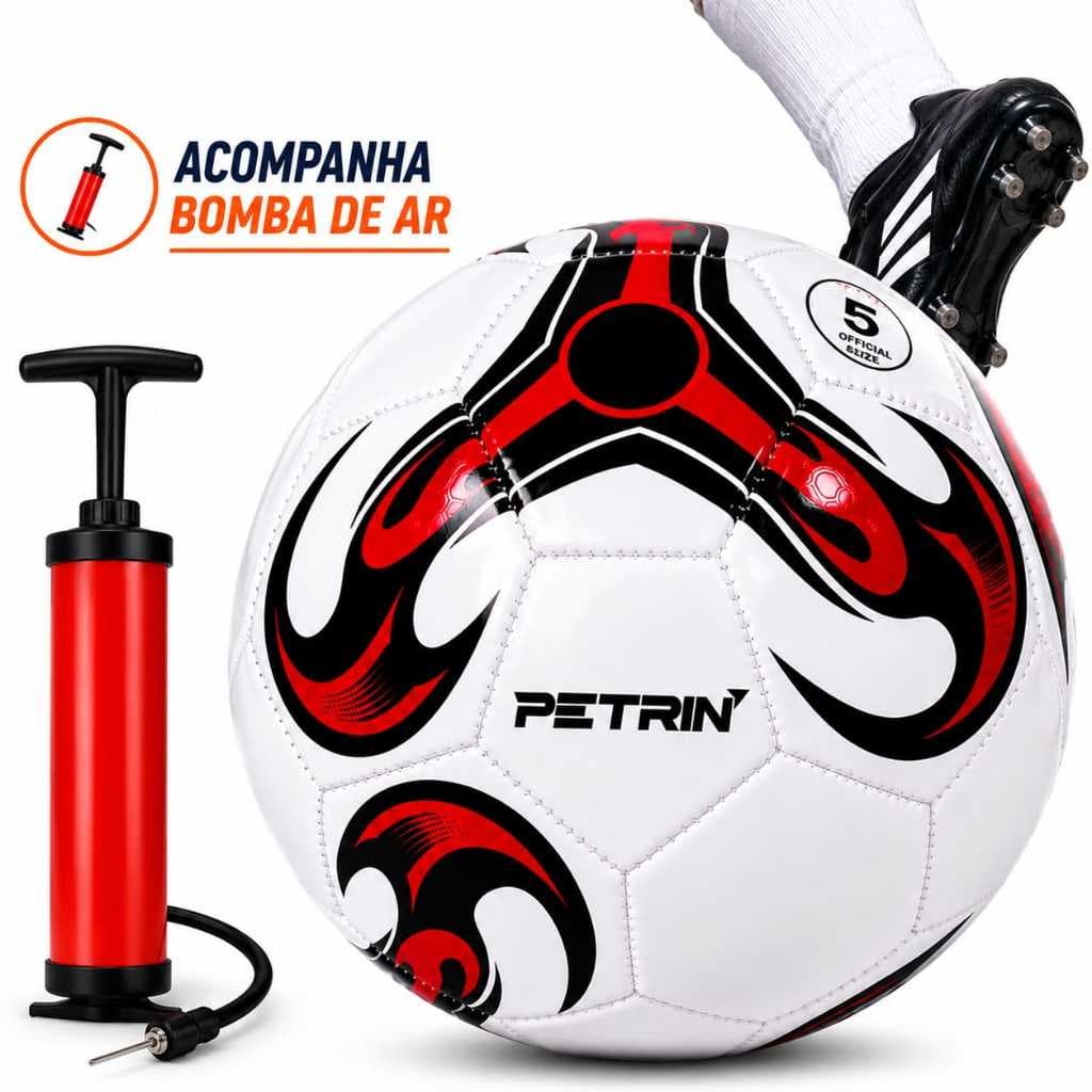 Kit Bola de Futebol Couro Sintético + Bomba de Ar Manual Portátil Para Encher Tamanho N5 Oficial Campo Costurada