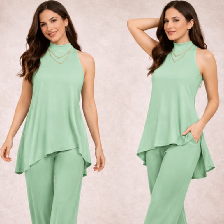 Conjunto Pantalona femenina Blusa Regata Asimetrica alongada Estilo&Conforto Canelado