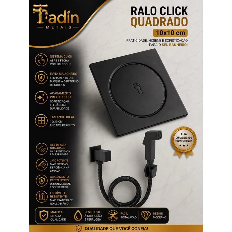 Ralo click preto fosco + Ducha higiênica quadrada