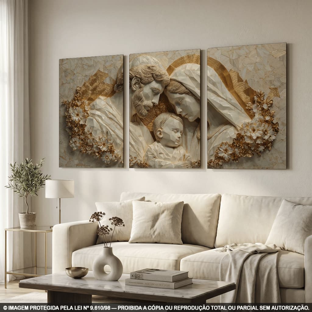 Quadros Decorativos Sagrada Família Dourado Textura Luxo Religioso Elegante Sala