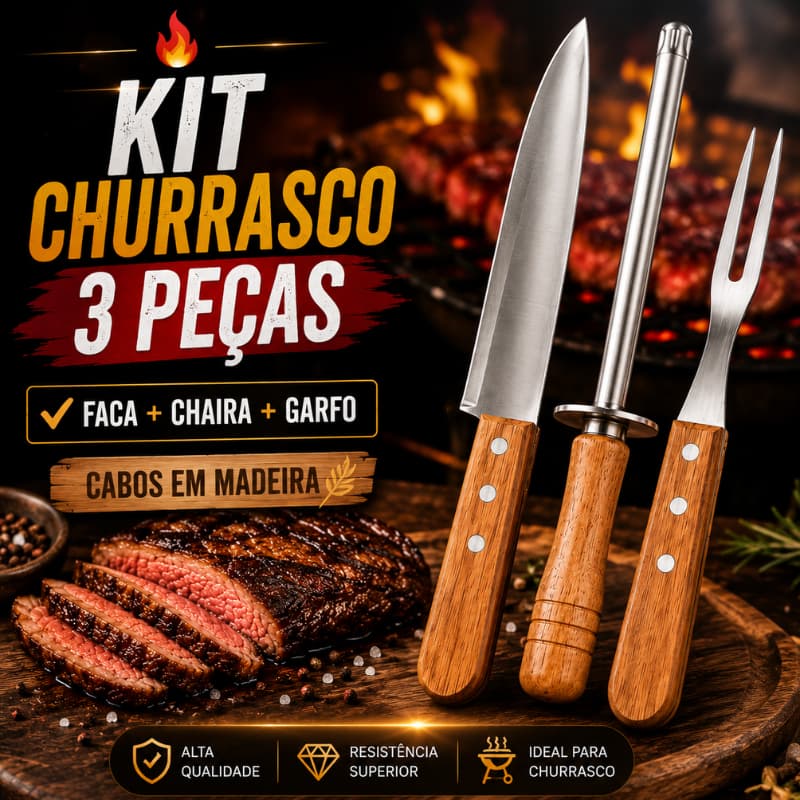 Kit Churrasco 3 Peças Faca Garfo Trinchante e Chaira Amoladora Aço Inox Cabo de Madeira |TP525| Lançamento