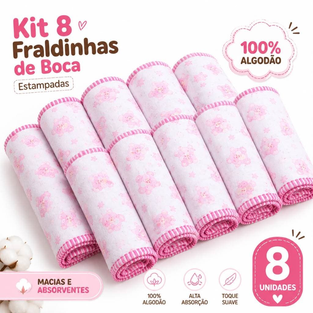 Kit 8 Fraldinhas de Boca Bebê 100% Algodão Estampadas 35x35cm Paninho de Boca Enxoval Menino Menina