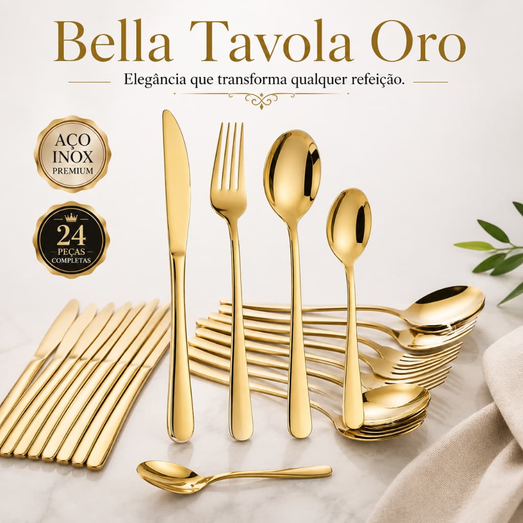 Jogo de Talheres Dourado 24 Peças Faqueiro Aço Inox Premium Luxo Mesa Posta Cozinha