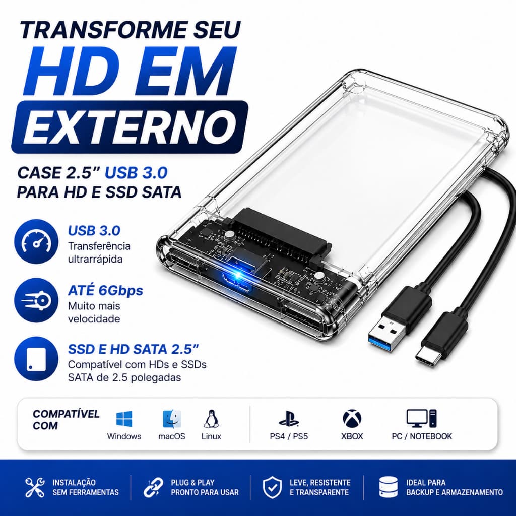 Case HD Externo 2.5 USB 3.0 para SSD HD SATA Até 6Gbps Transparente Plug Play PC Notebook PS4 Xbox