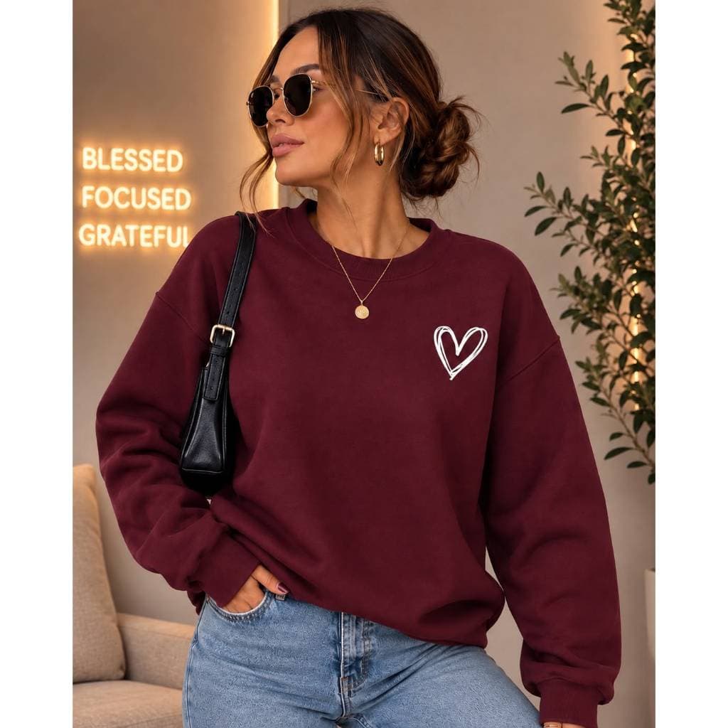 Moletom Coração Gola Redonda Careca Blusa de Frio Feminino Moda Inverno Casaco Unissex