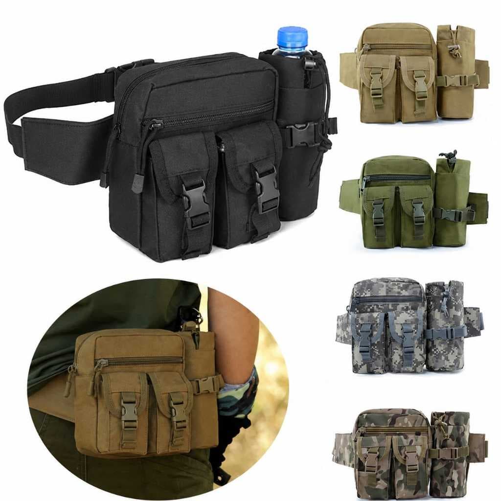 Bolsa Pochete De Cintura Tática Militar Com Porta Garrafa Impermeável